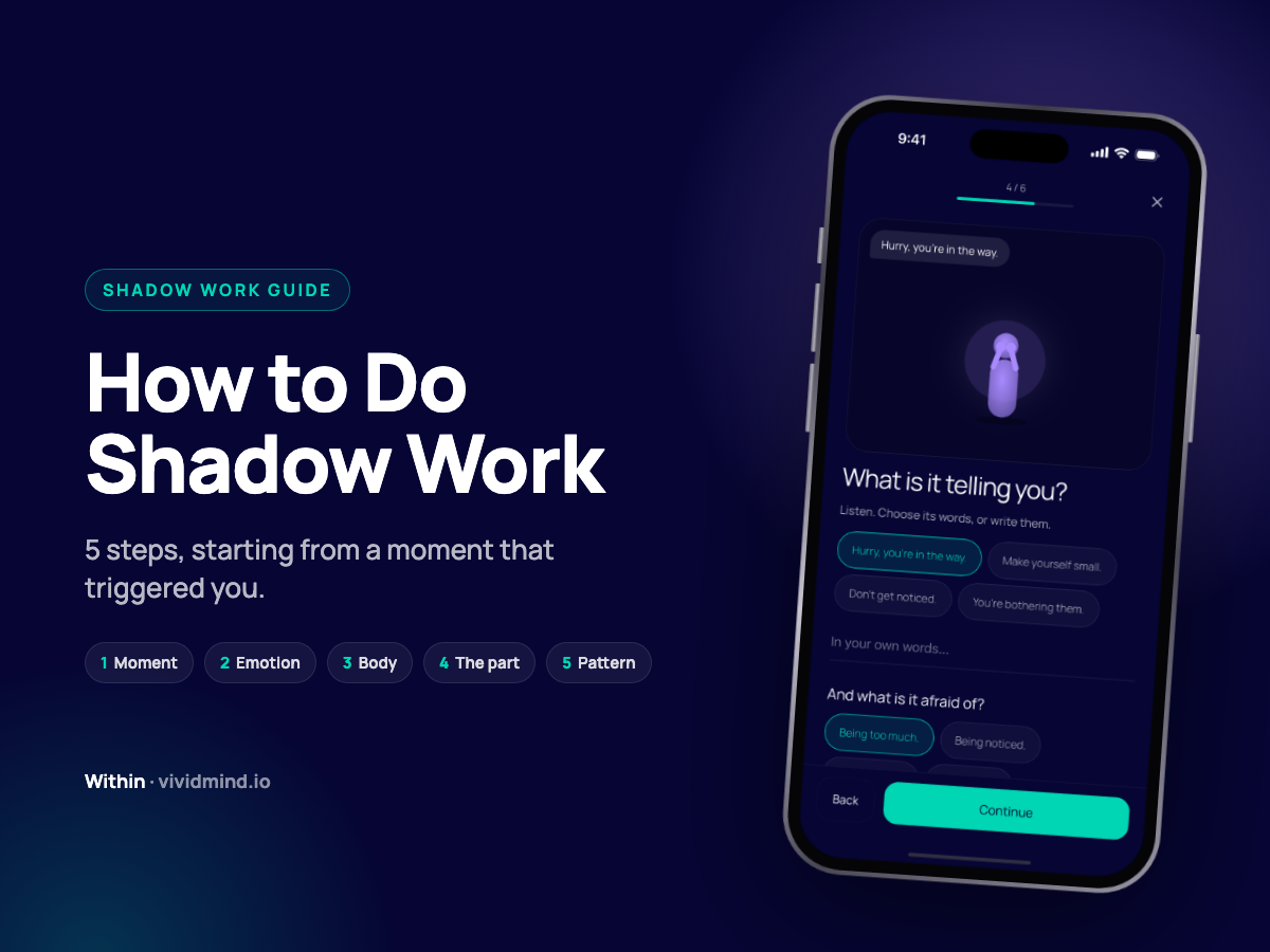 How to do shadow work in 5 steps: moment, emotion, body, the part, pattern, shown with the Within app reflection screen