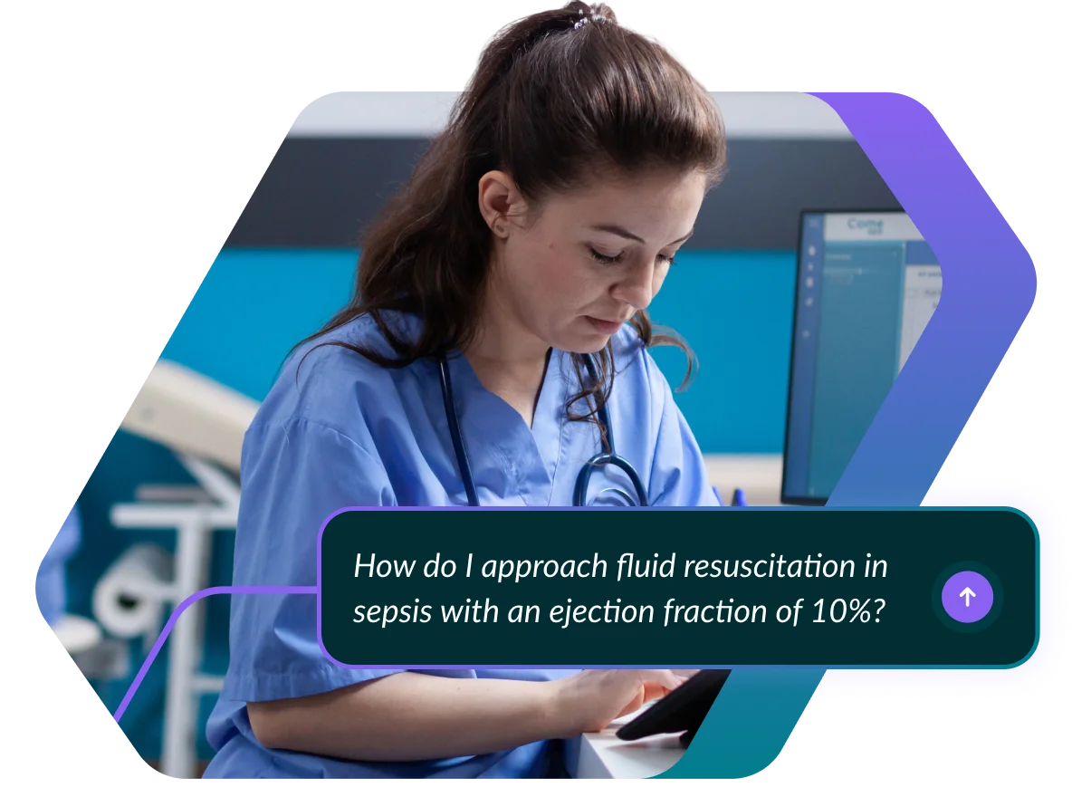 AMBOSS AI dialogue showing fluid resuscitation guidance for sepsis with 10% ejection fraction