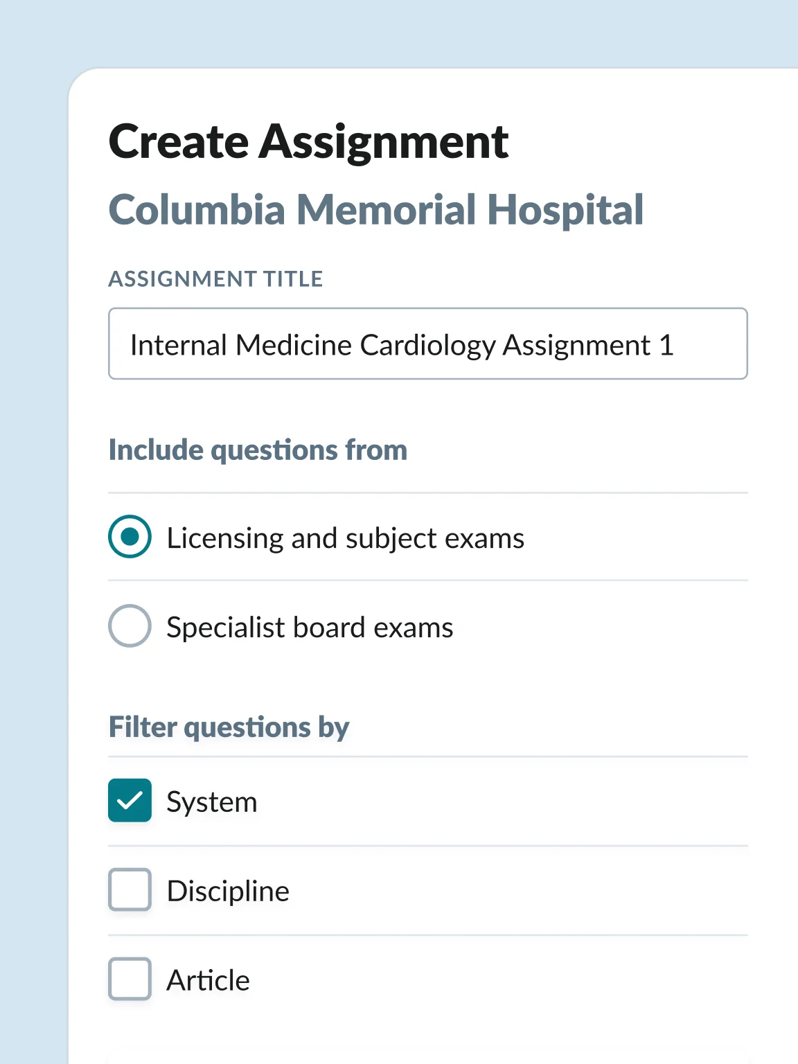 Institutional faculty tools for creating resident assignments and tracking progress.