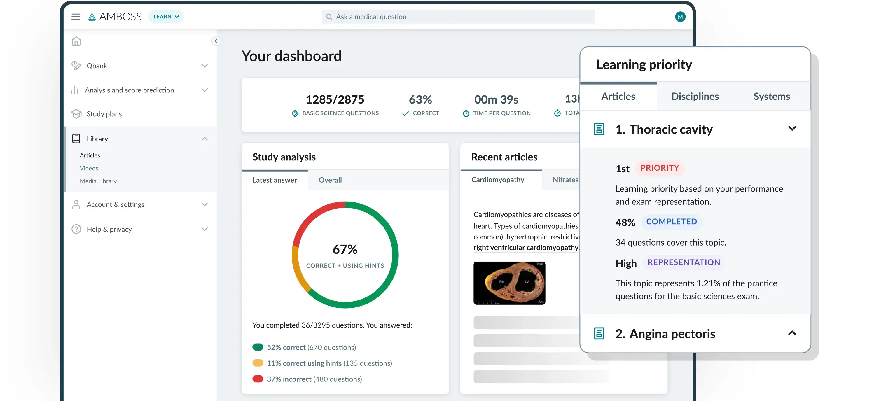 A desktop showing the AMBOSS Library for NP students, including a study analysis, recent articles, and study recommendations based on Qbank performance.