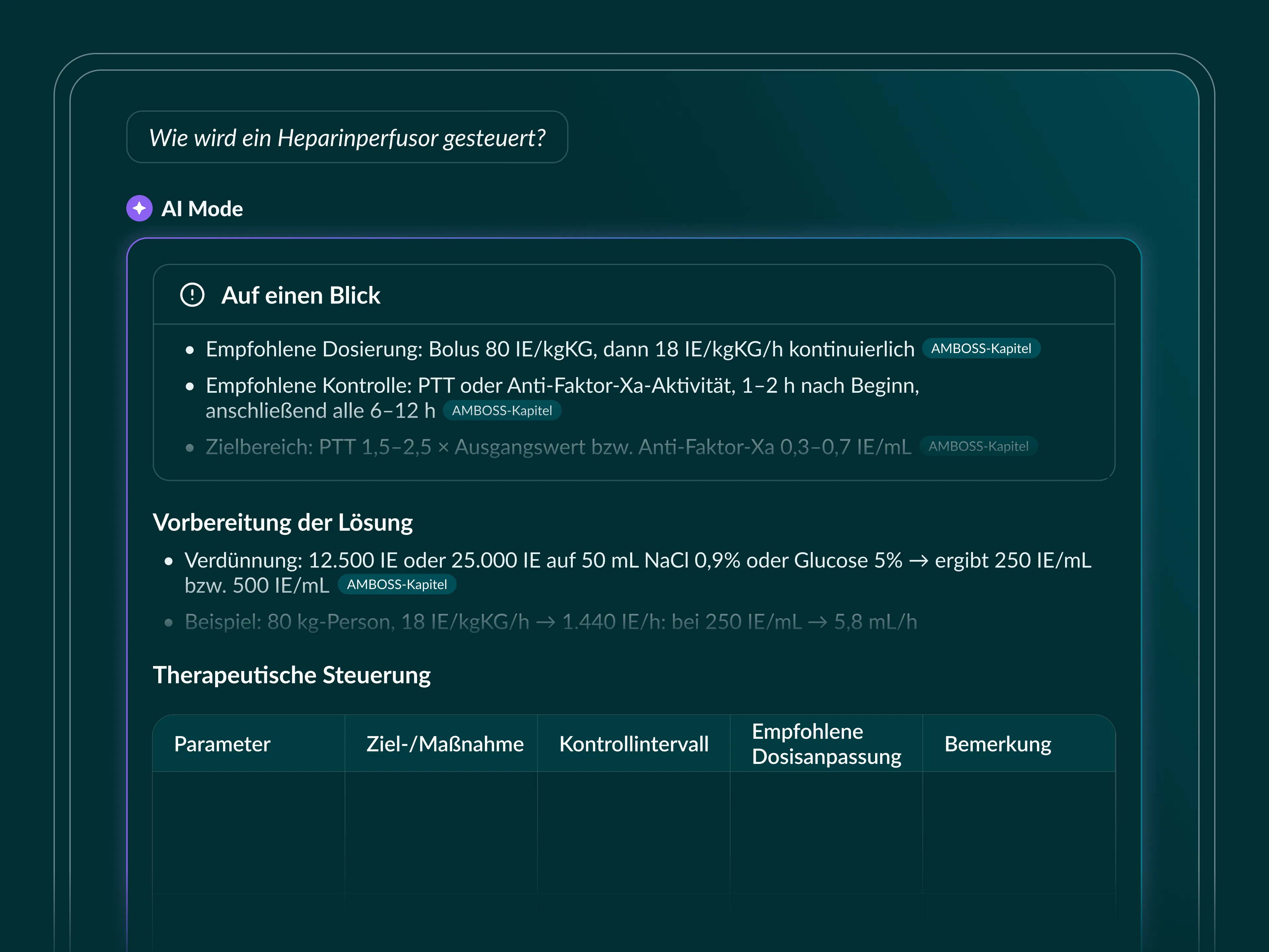 AMBOSS AI Mode - Medical text in German about heparin infusion dosing, monitoring, and therapeutic control parameters.