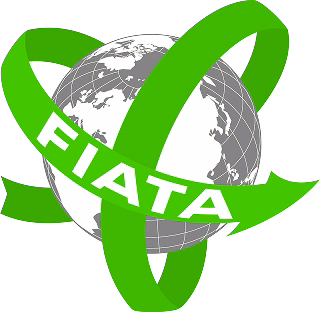 Gray globe with continents, wrapped by a green ribbon forming a three-looped shape with the text FIATA.