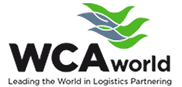 WCA World logo with stylized green and gray abstract birds above text.