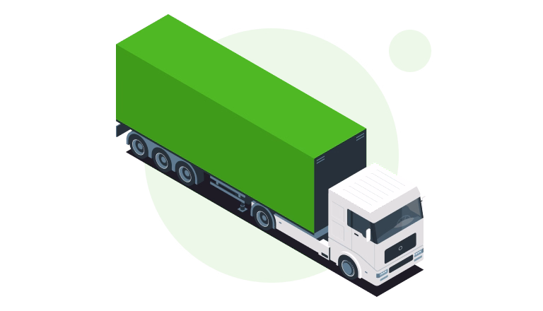 Isometric illustration of a white semi-truck with a large green container trailer against a green circular background.