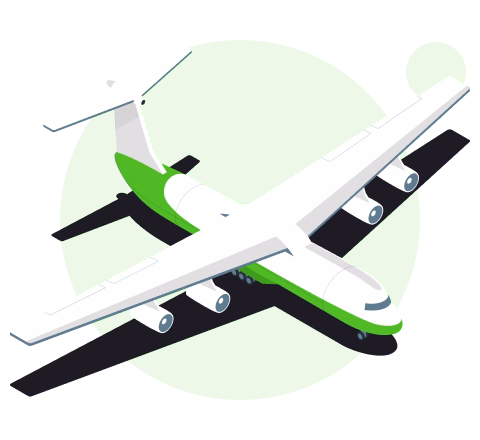 White airplane with four engines flying in front of a green circular background.