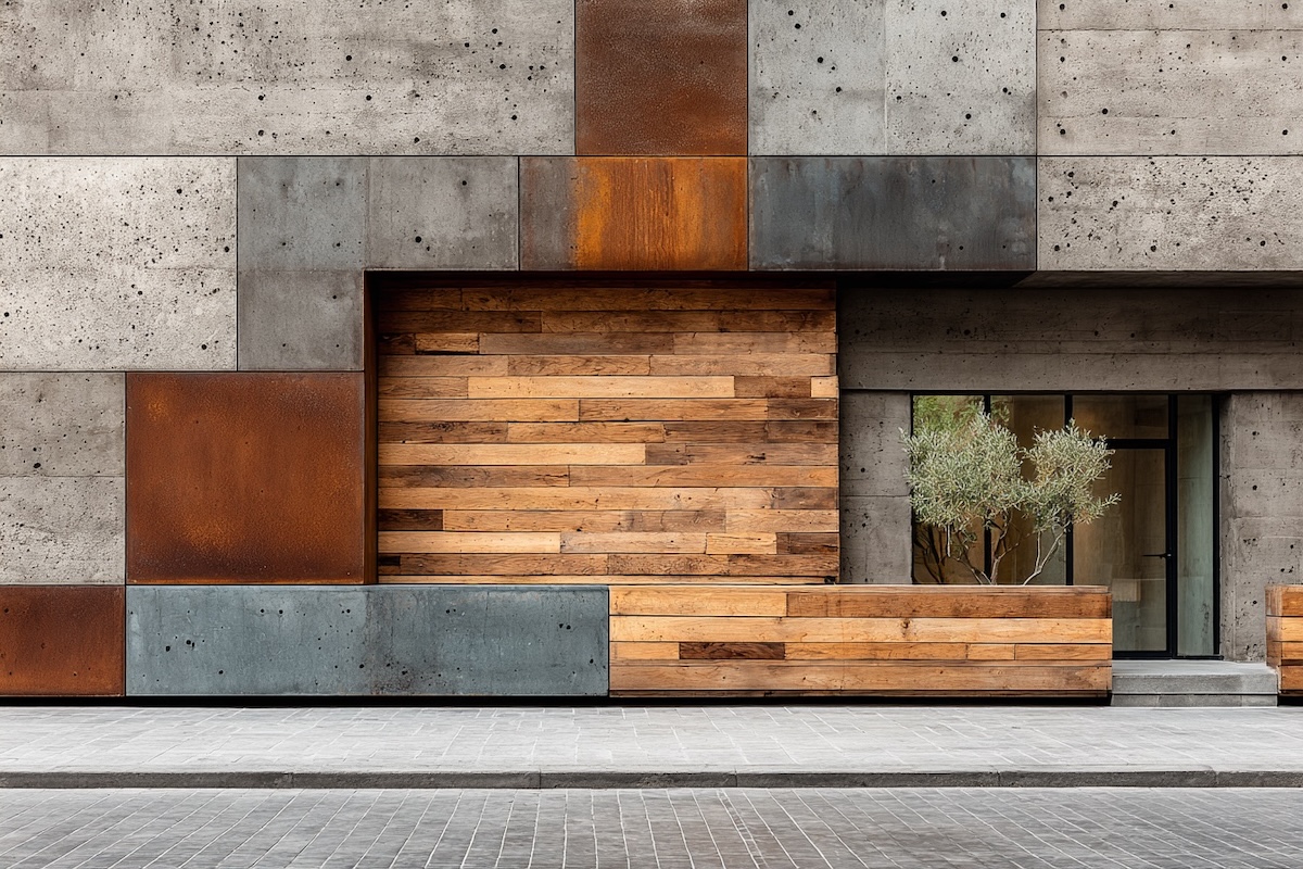 Façade de bâtiment contemporain combinant béton brut, bardage acier et bois naturel