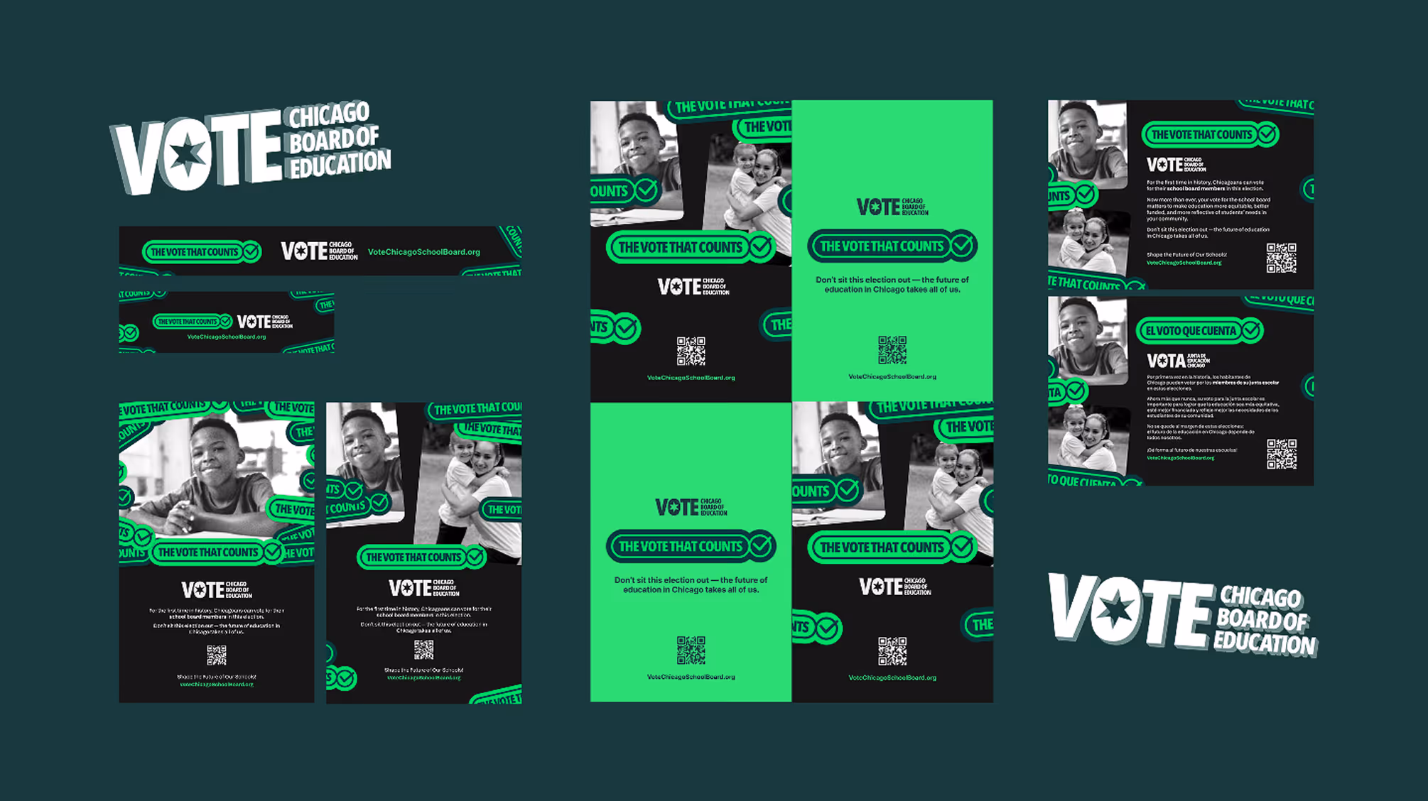 Campaign materials for Chicago Board of Education election with slogan 'The Vote That Counts' featuring diverse children and a QR code.