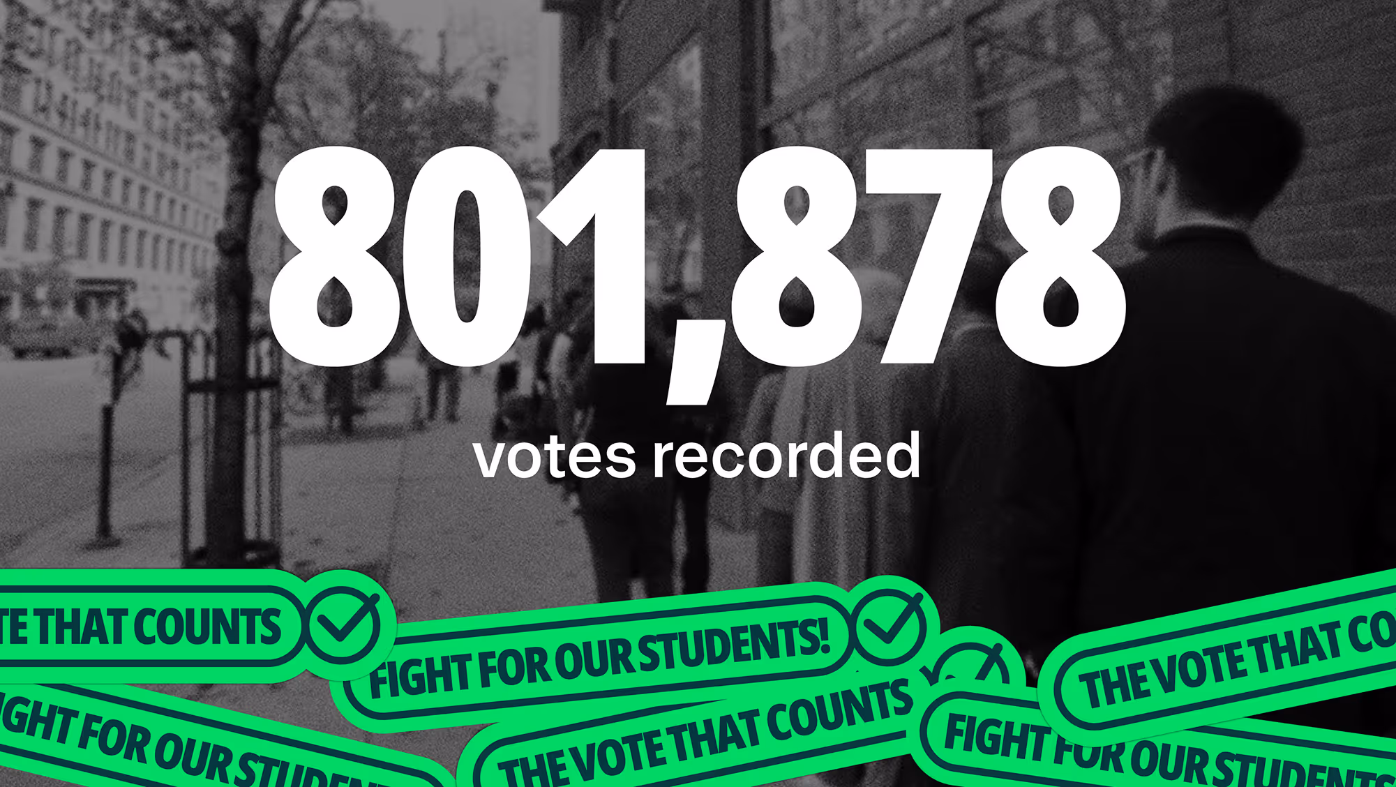 801,878 votes casted text over a black and white image of people standing in line on a city street, with green banners that say 'Fight for our students!' and 'The vote that counts' at the bottom.