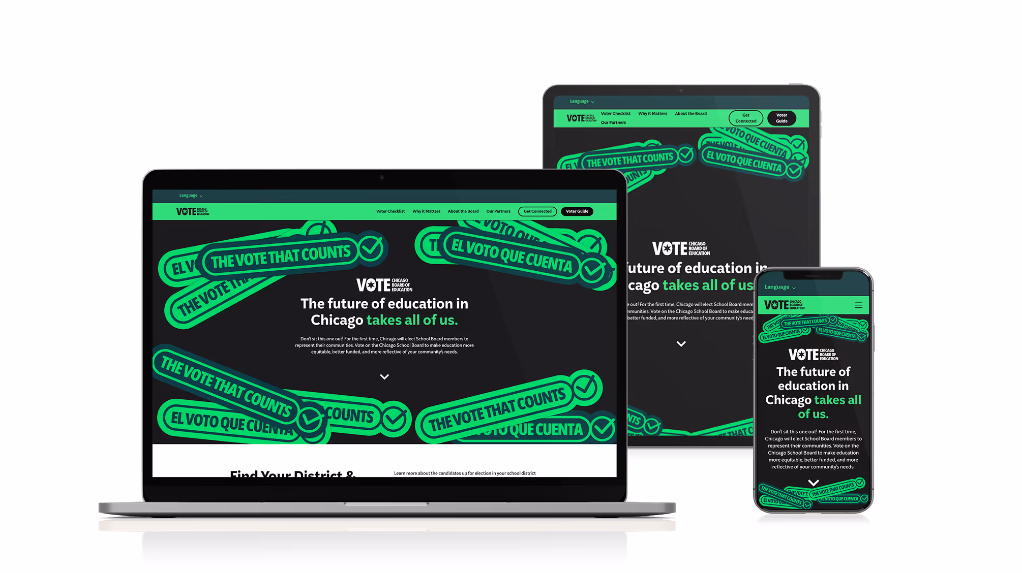 Laptop, tablet, and smartphone displaying a Chicago Board of Education election website with green and black colors and messages about voting.