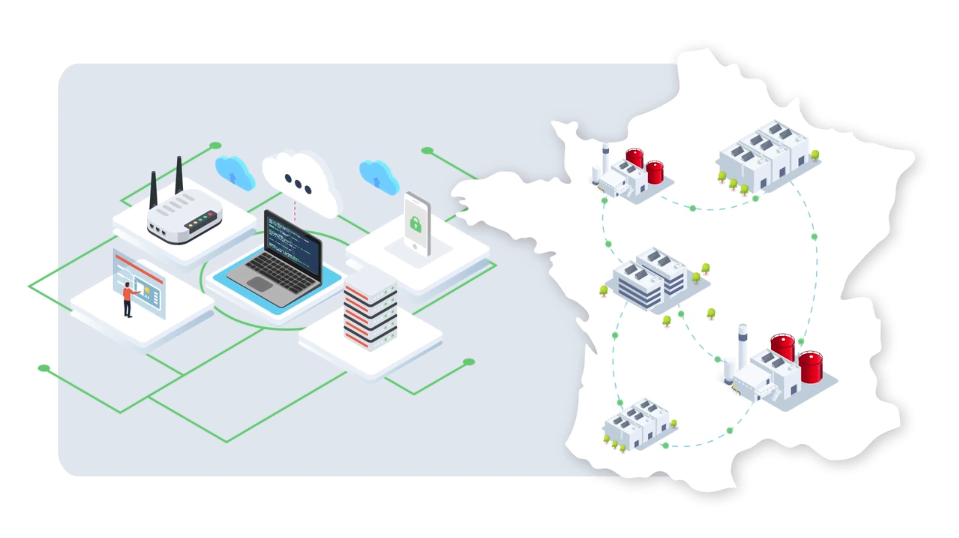 Pour toucher les différents secteurs de l'industrie (électronique, métallurgie, aéronautique, agroalimentaire et chimie), nous avons personnalisé l'introduction de la vidéo en mettant en avant une chaine de production personnalisée et reconnaissable pour chaque secteur. Nous avons illustré les chaines de production, les réseaux et les équipements concernés dans un style isométrique. Ce choix de style permet une animation dynamique avec des mouvements sur les machines, des interactions et des flux, qui illustrent bien la solution visuellement.