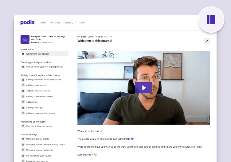 Screenshot of the Podia video tutorial lesson