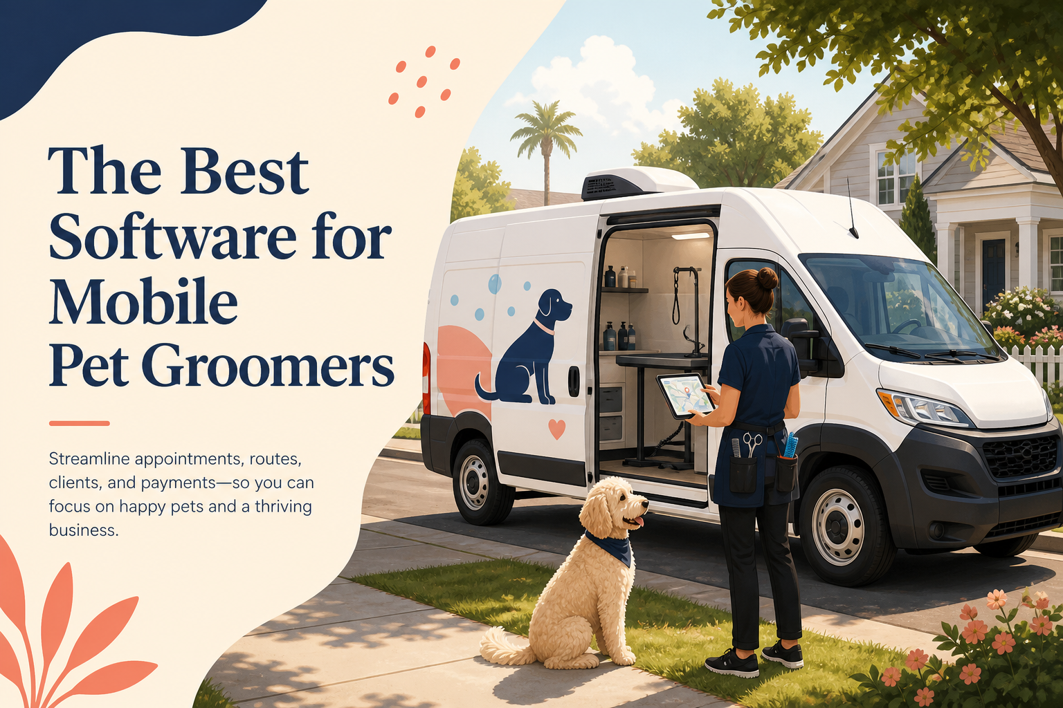Mobile pet groomer with van and tablet for routing software