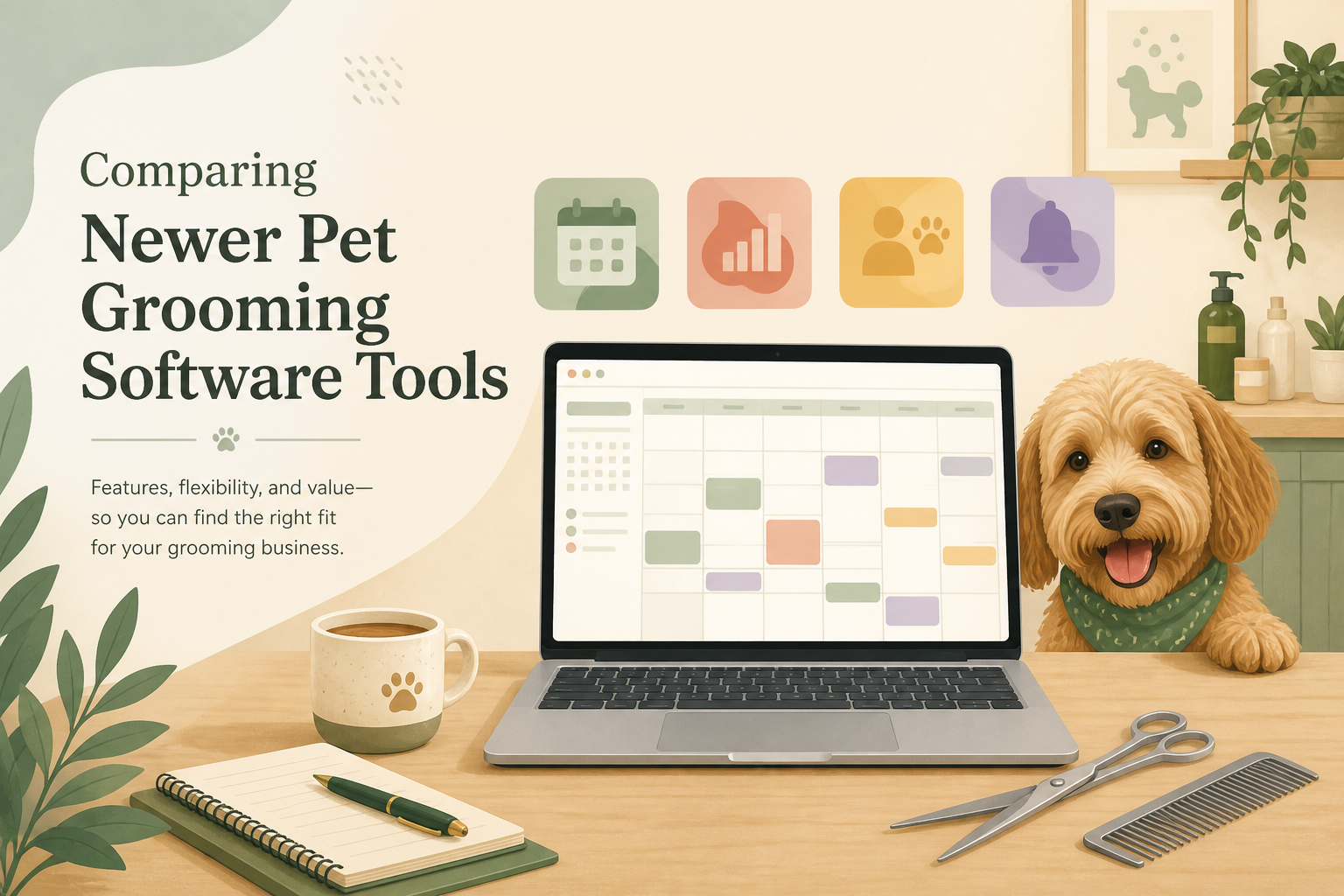 Comparing newer pet grooming software tools on a laptop calendar