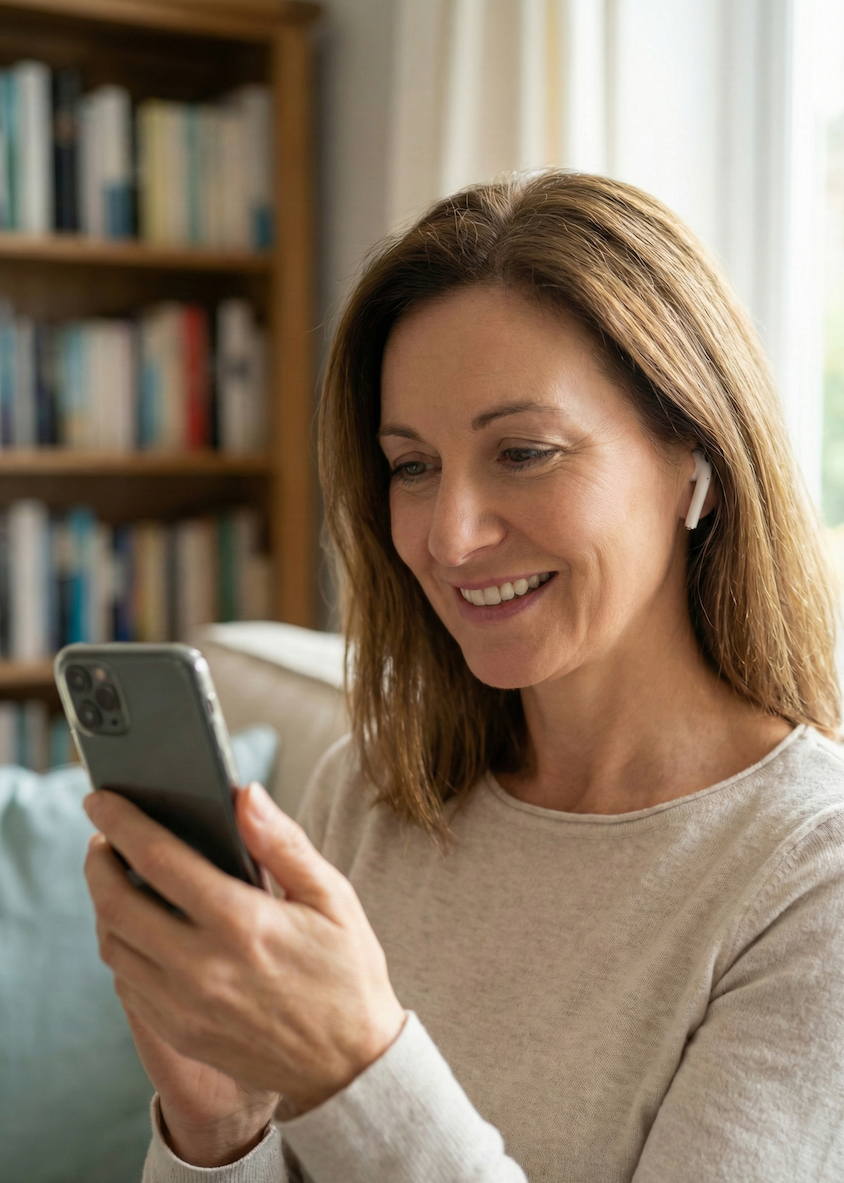 Smiling woman wearing wireless earbuds looking at her smartphone in a cozy room with a bookshelf in the background.