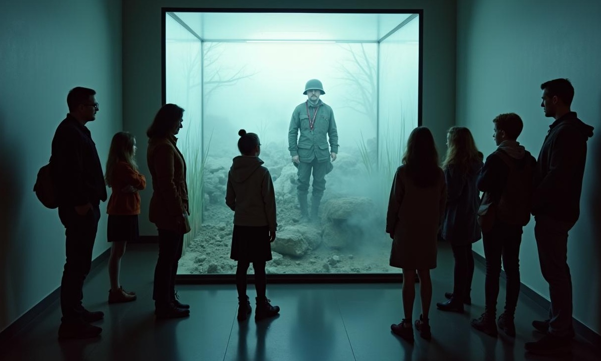 Group of people observing a life-sized exhibit of a soldier in a foggy, barren display case.