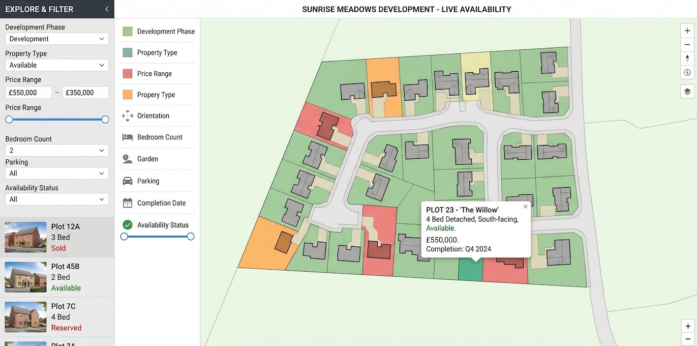 Interactive property availability and development plot interface