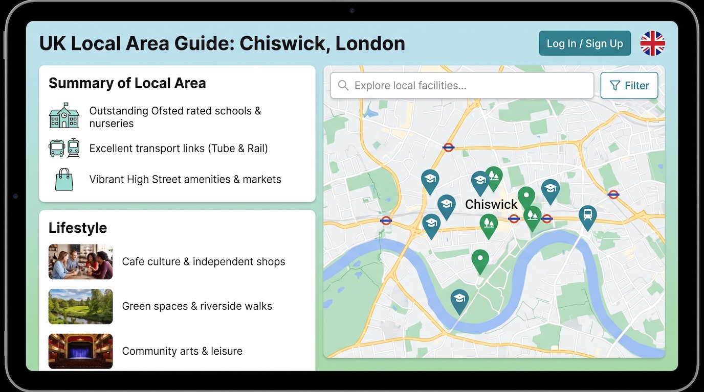 Local area guide showing schools transport amenities and lifestyle information