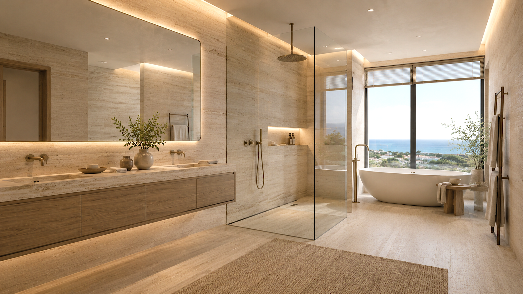 Marelle bathroom CGI visualisation with refined stone and warm lighting