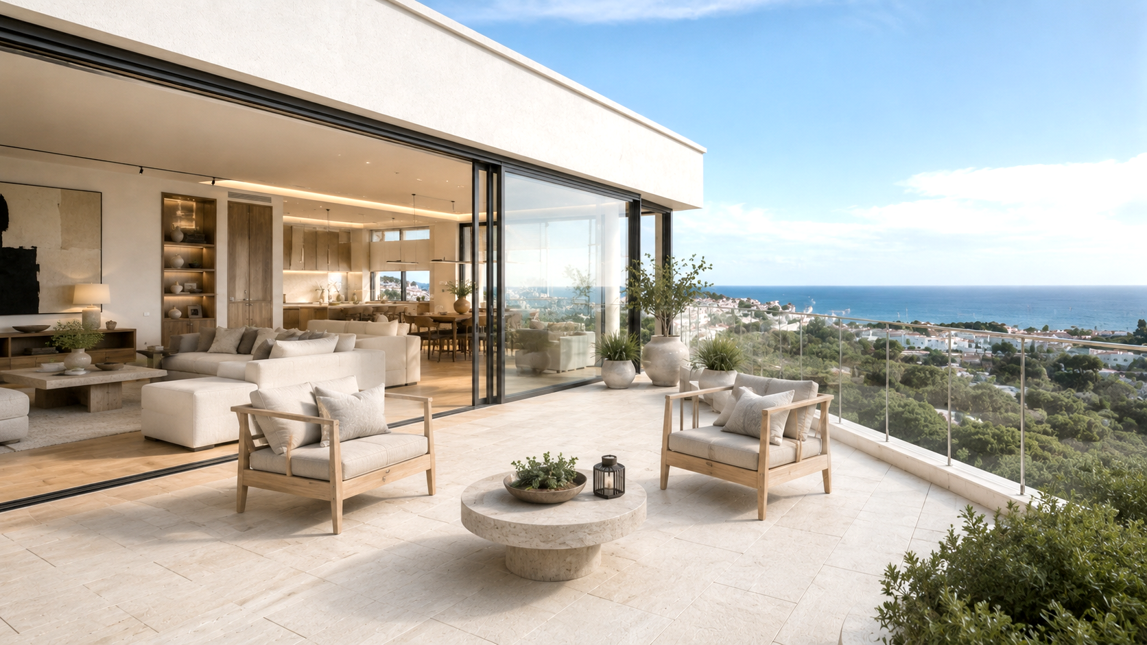 Marelle balcony CGI visualisation overlooking the coast
