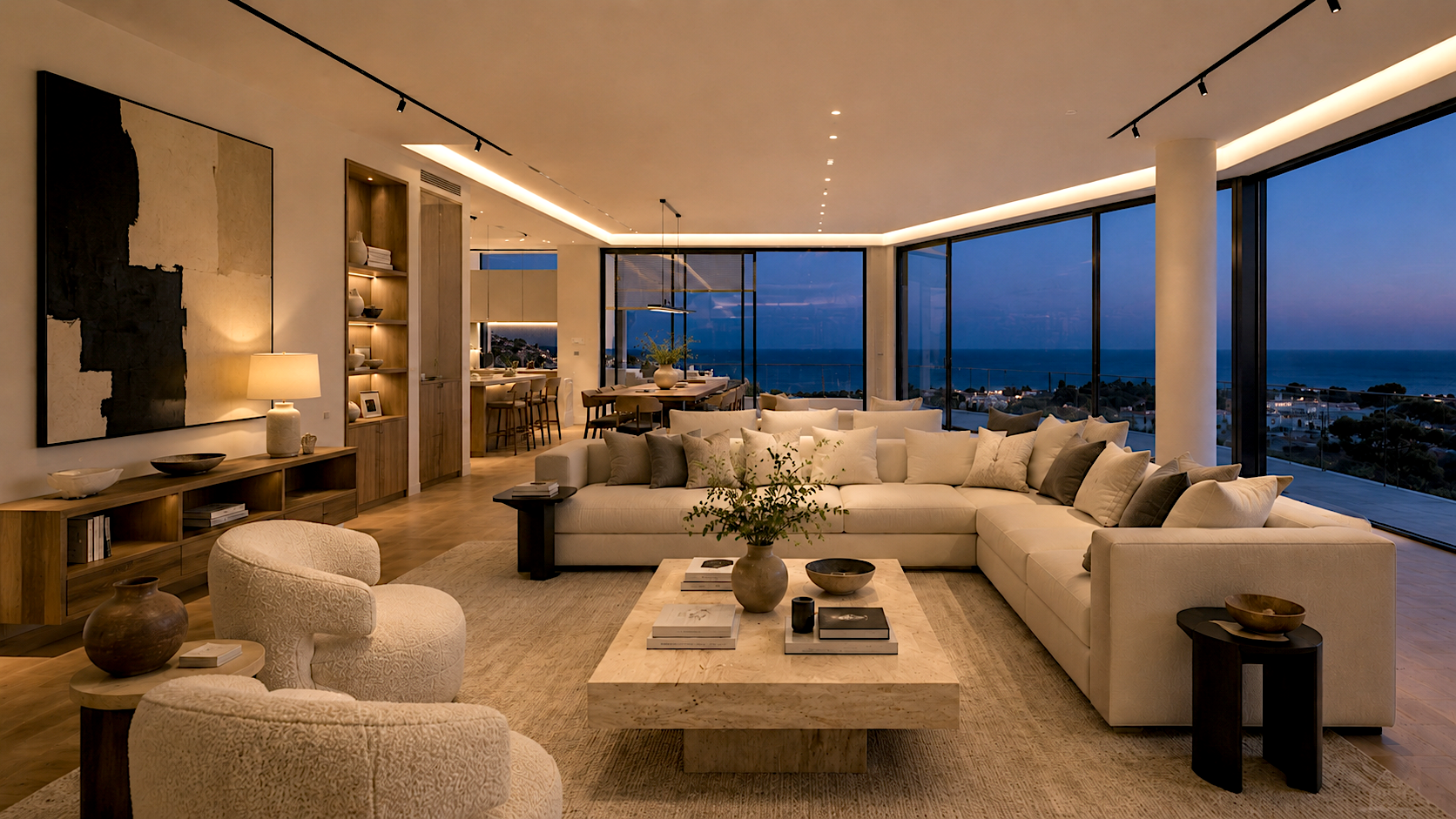 Marelle luxury apartment lounge at night CGI visualisation