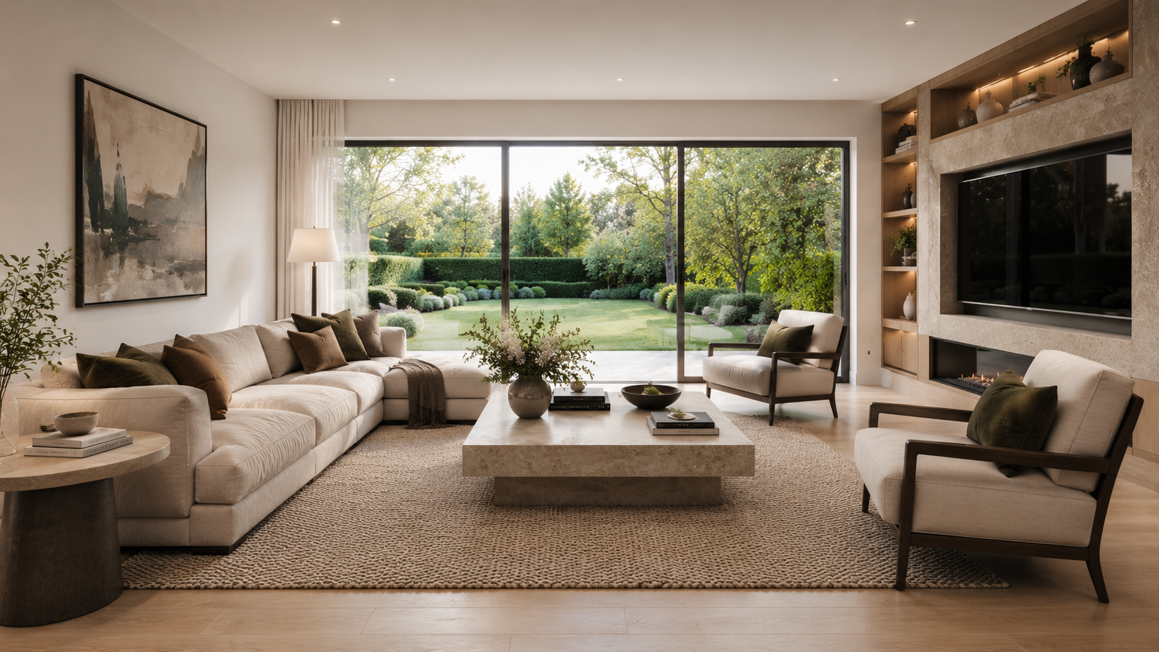Saxon Square lounge CGI visualisation showing calm contemporary family living