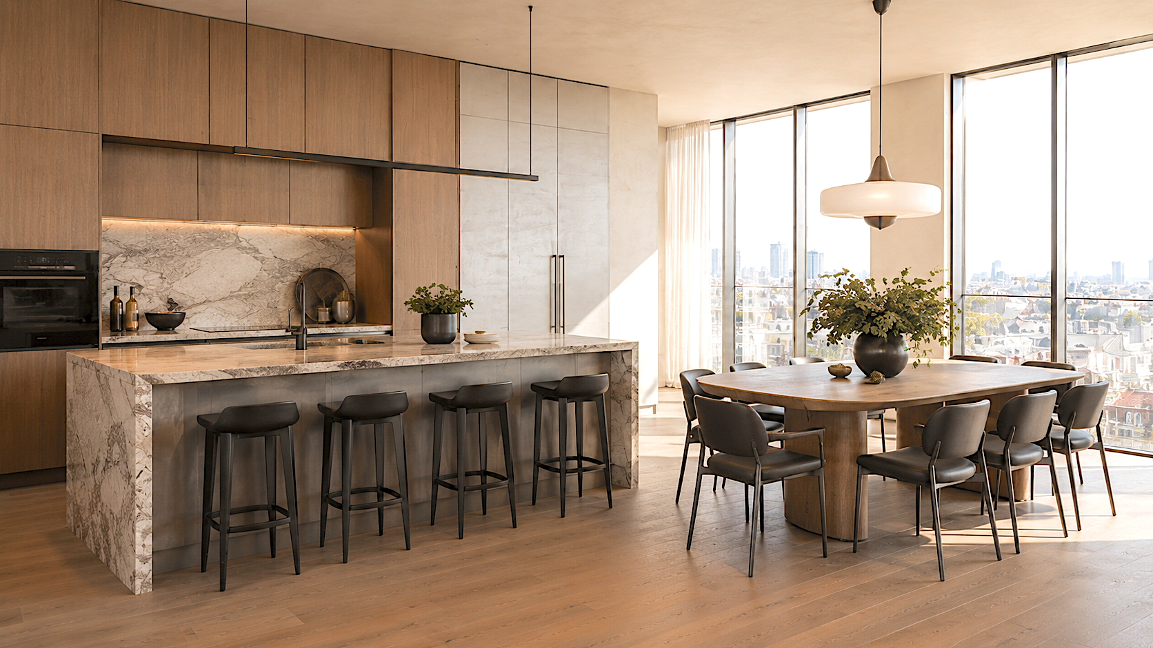 Aurelian interior CGI image showing refined materials and city atmosphere