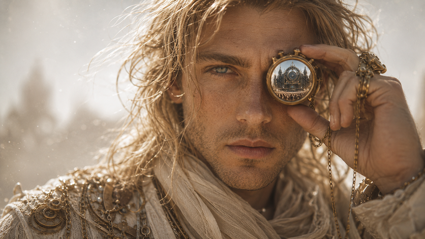 The Mirrored Gaze character holding a brass lens
