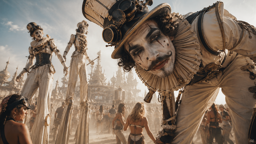 Steampunk clown character at a desert festival
