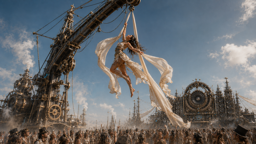 Aerial silk performer above the impossible stage