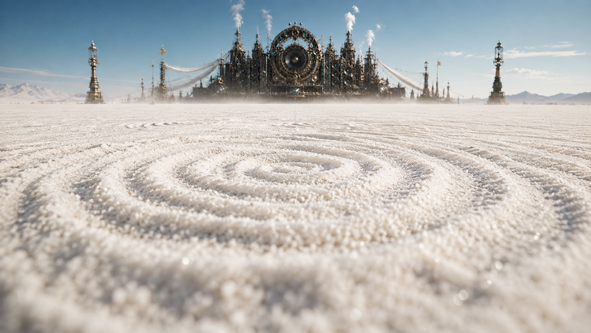 Bass ripples in white desert sand in front of The Impossible stage