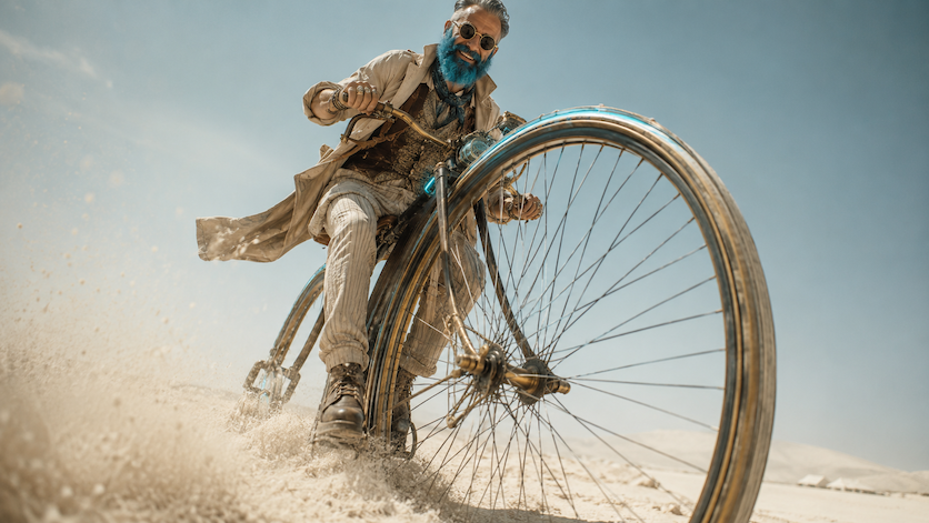 Penny farthing reveller in a surreal festival world