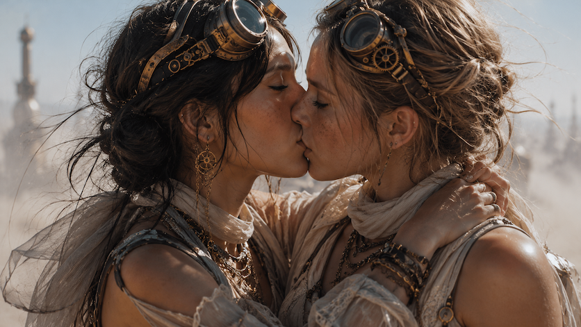 Two festival characters kissing inside The Impossible campaign world