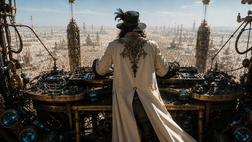 Epic DJ booth overlooking the festival crowd from The Impossible