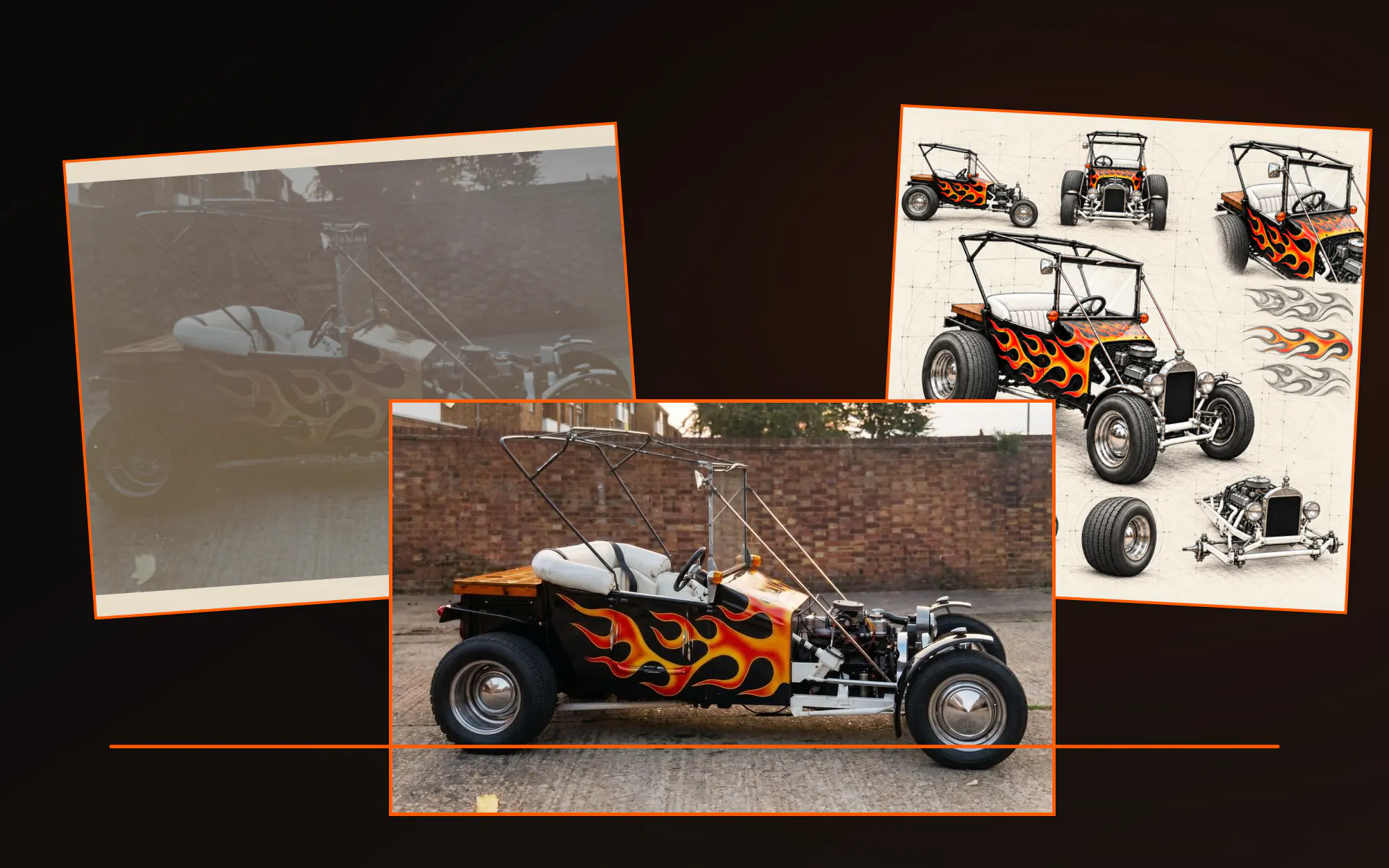 The faded Model T photograph, restored car and DESHINO pencil development artwork