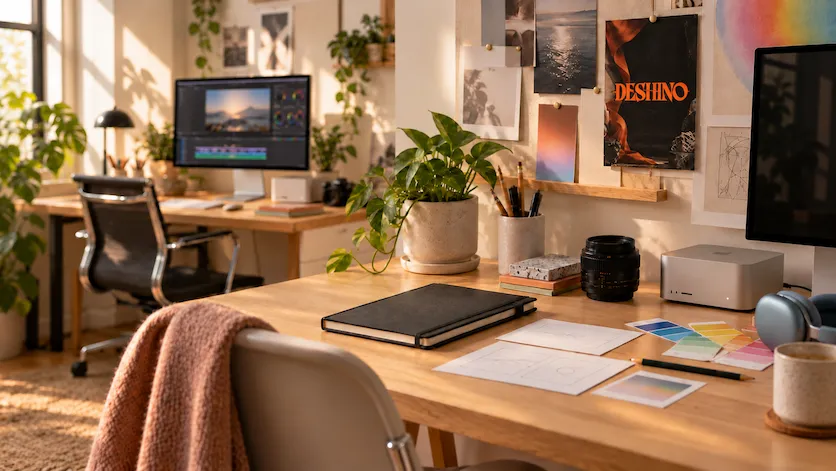 Creative desk with two workstations and Visually Sonic projects in progress