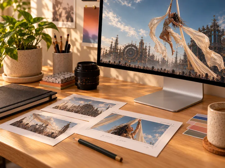 The Impossible film frames and production notes on a studio desk