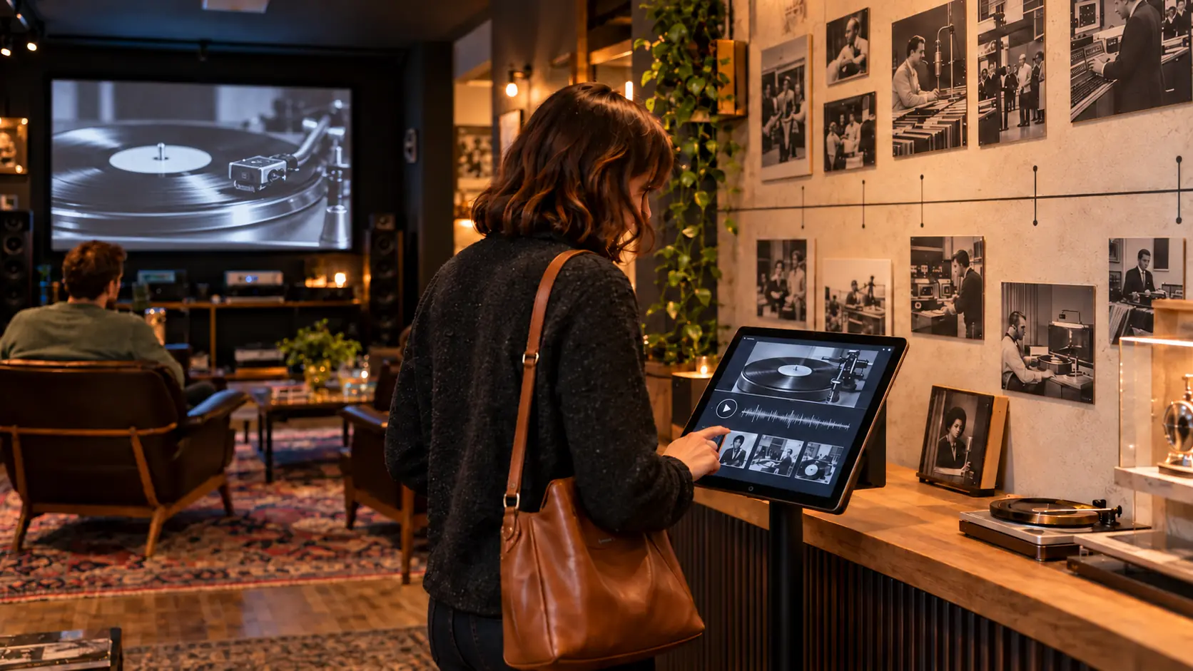 Visitor exploring a conversational AI archive within a hi-fi retail experience