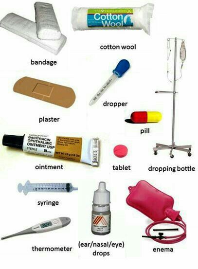 This may contain: an assortment of medical items labeled in english