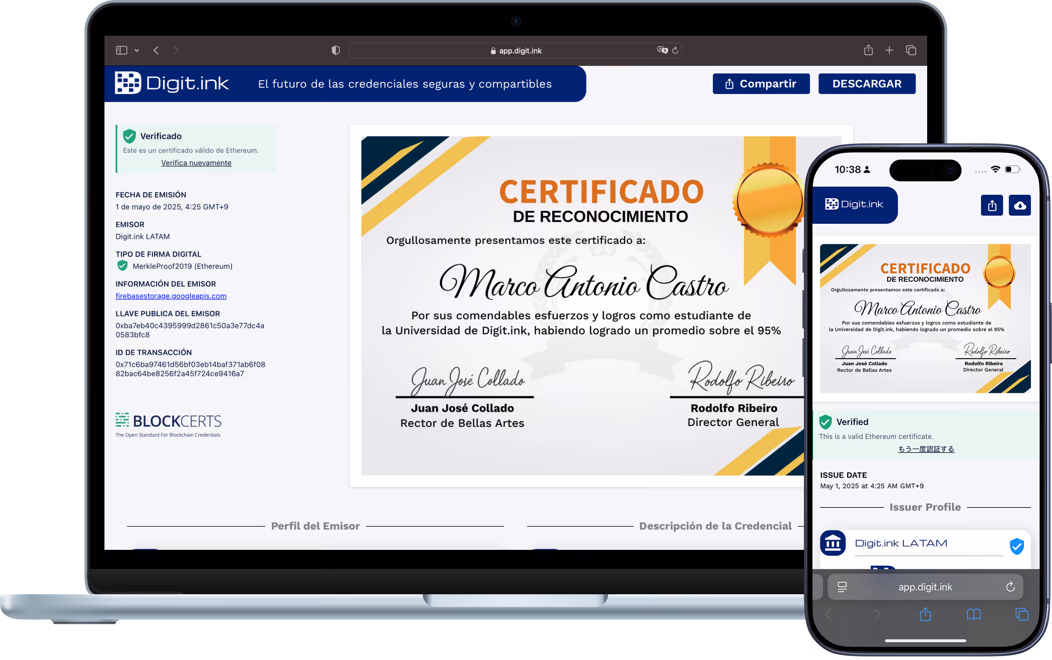 Credencial de Digit.ink mostrada en un dispositivo de escritorio y un dispositivo móvil