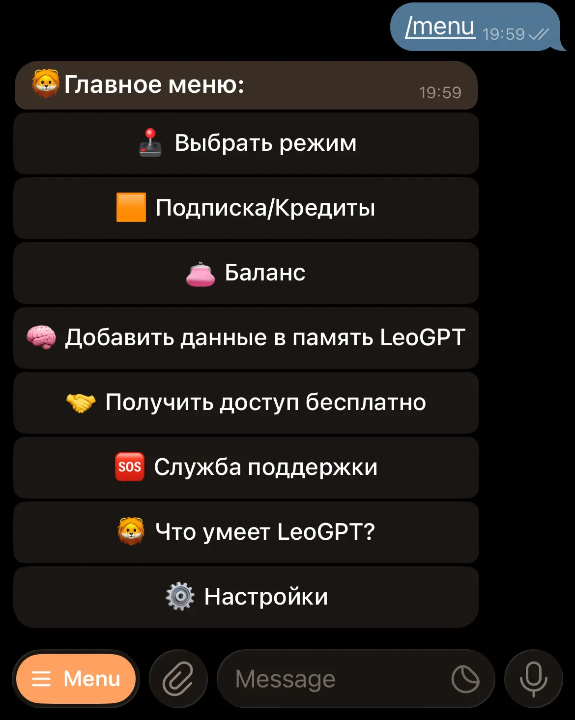 Это главное меню. Здесь можно контролировать параметры бота: выбирать режимы работы, управлять подпиской, просить помощь или настроить LeoGPT.