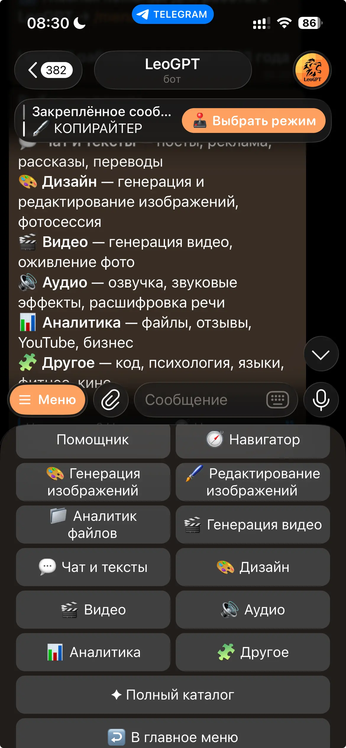 Это главное меню. Здесь можно контролировать параметры бота: выбирать режимы работы, управлять подпиской, просить помощь или настроить LeoGPT.