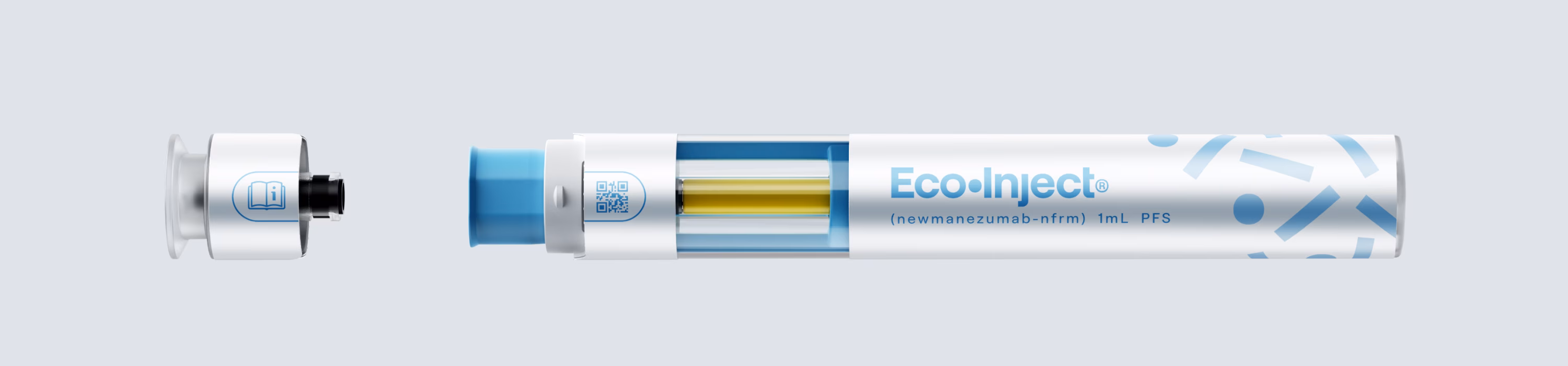White Eco-Inject medical injection device with blue accents and separated cap above it.