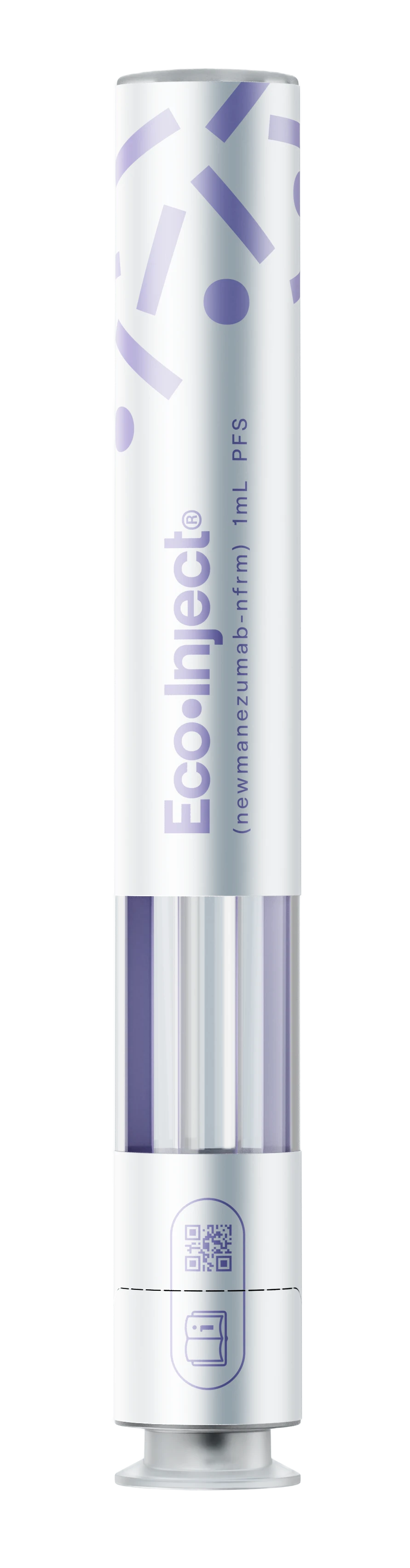EcoInject medical injector labeled new maneuzumab nfrm 1 mL with a QR code on the lower part.