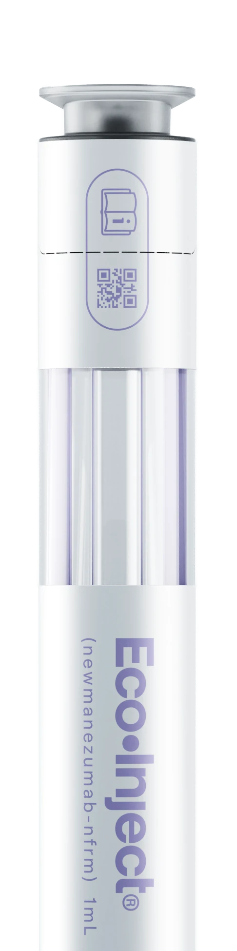 EcoInject medical injector labeled new maneuzumab nfrm 1 mL with a QR code on the top part.
