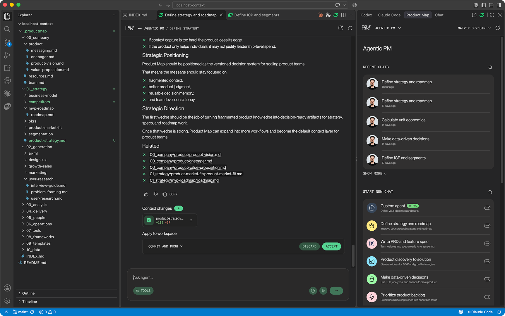 Product Map in VS Code: a strategy agent chat with a reviewable context change next to the .productmap knowledge base, with Codex and Claude Code in the same sidebar
