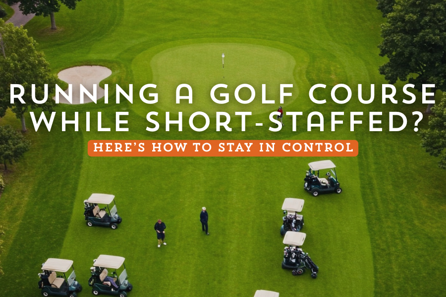 Aerial view of a green golf course with several golf carts and players on the fairway near a putting green, surrounded by trees. Text overlay reads: “Running a golf course while short-staffed? Here’s how to stay in control”