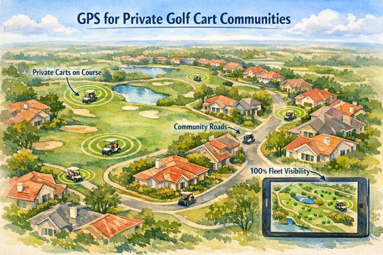 Illustrated aerial view of a residential golf community showing private golf carts tracked by GPS on the course, cart paths, and community roads with a fleet visibility dashboard overlay