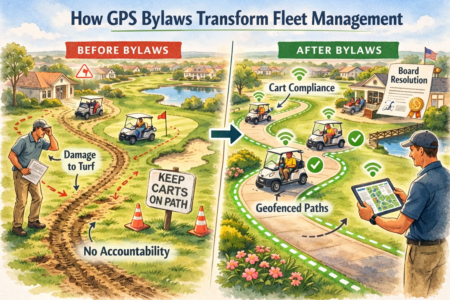 Illustrated before-and-after comparison of a golf community showing chaotic cart behavior without GPS bylaws versus orderly, GPS-tracked compliance after bylaws adoption