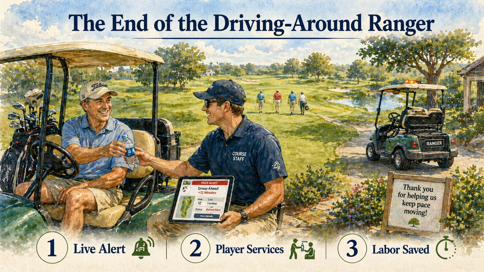 Painted illustration of a golf course staff member handing a bottle of water to a smiling golfer in a cart while holding a tablet showing a real-time pace alert