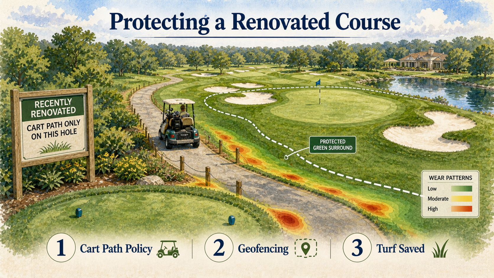 Painted illustration of a freshly renovated golf hole with crisp new bunkers and a single cart respecting a geofenced zone near the green surround